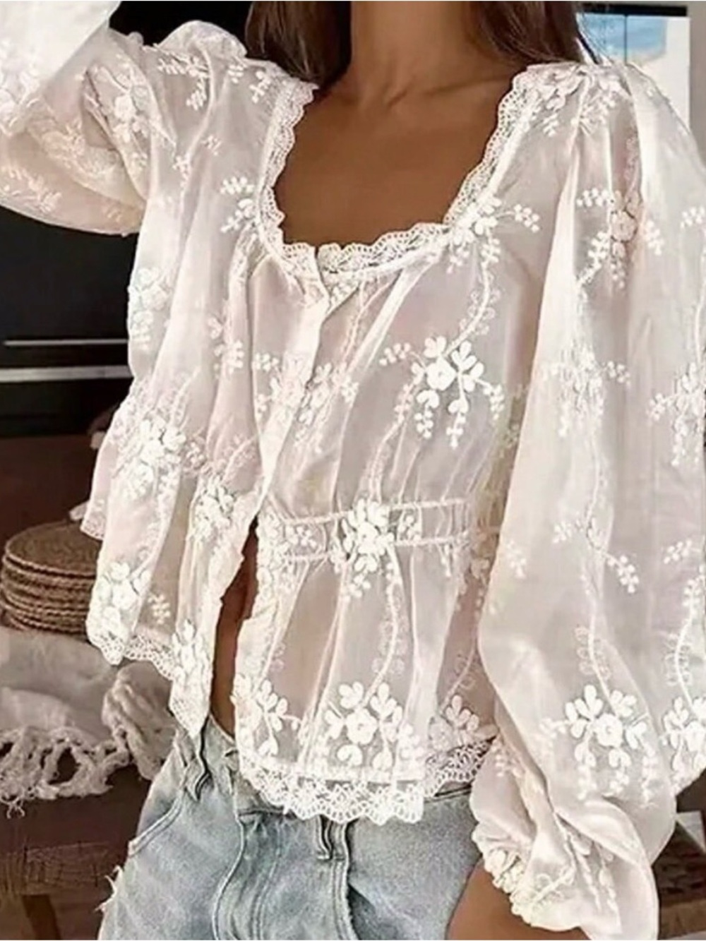 White Casual Women's Sheer Embroidered Lantern Sleeve Blouse